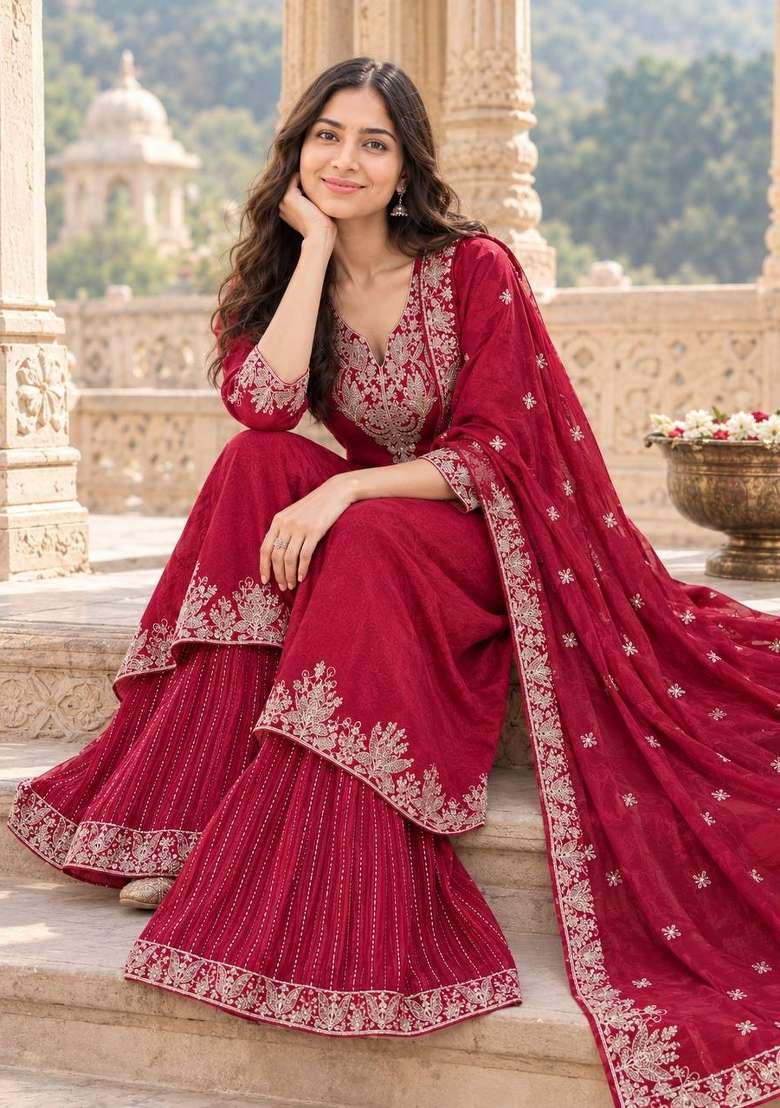 Pink Embroidery Chinon Palazzo Set - Indya