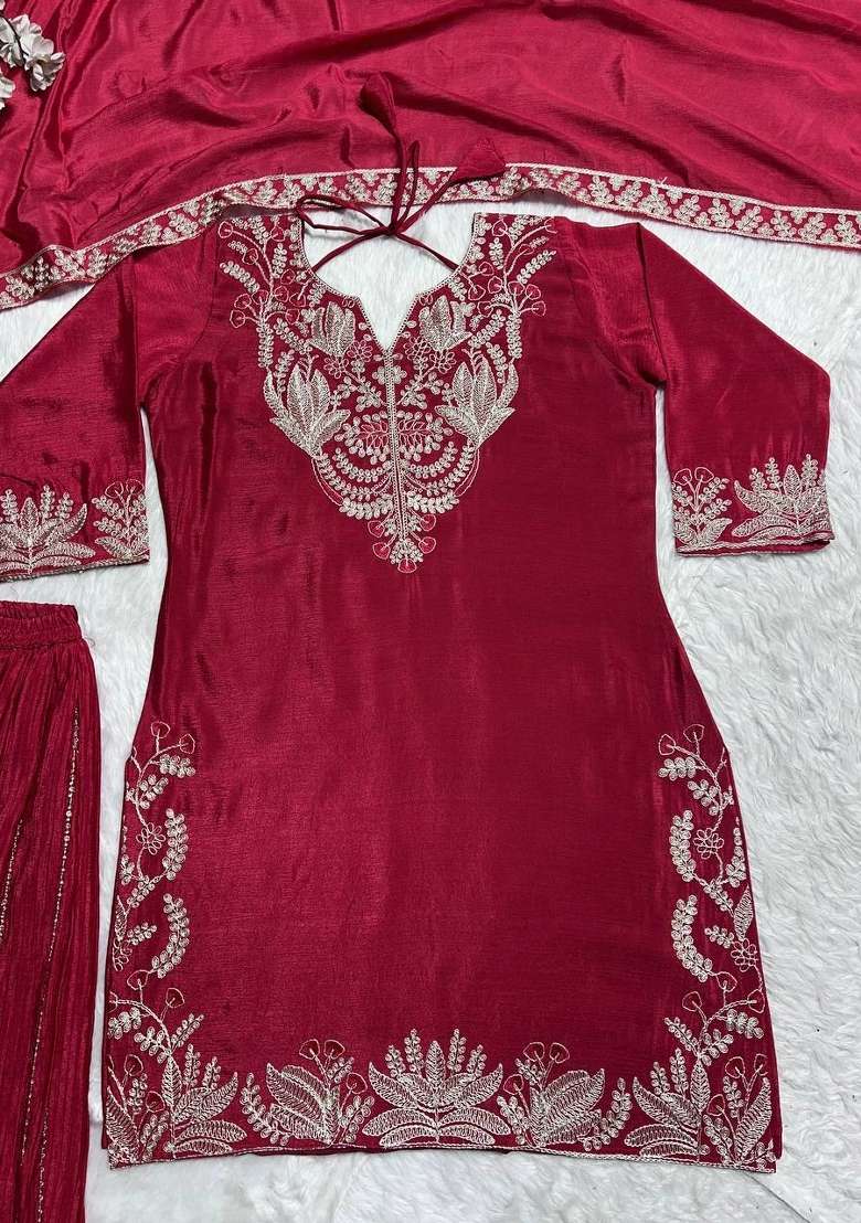 Pink Embroidery Chinon Palazzo Set - Indya