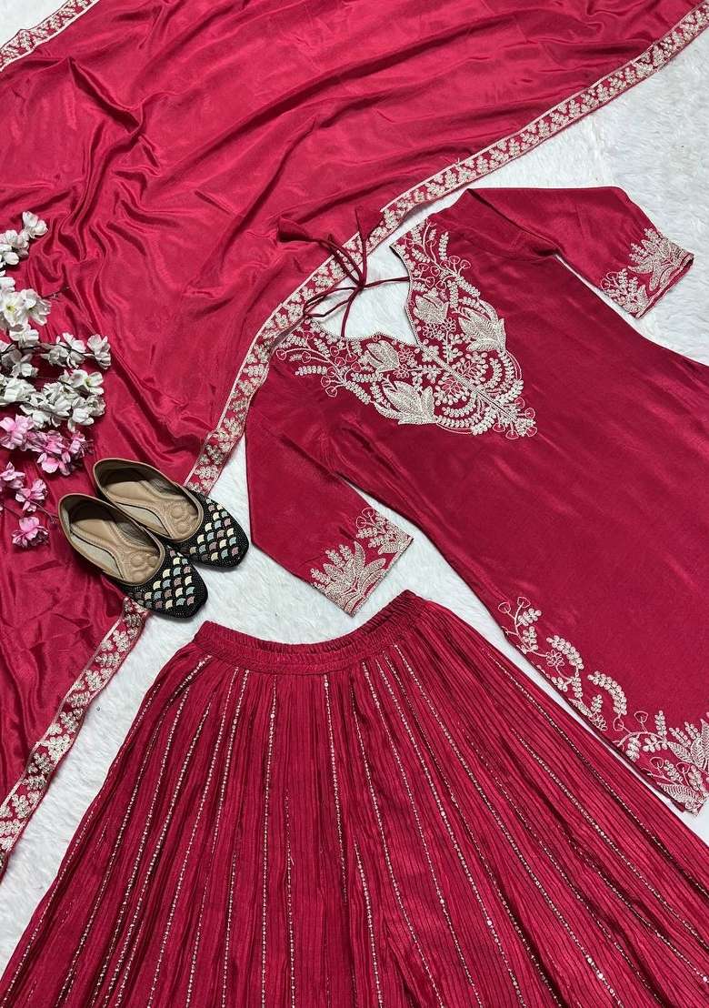 Pink Embroidery Chinon Palazzo Set - Indya