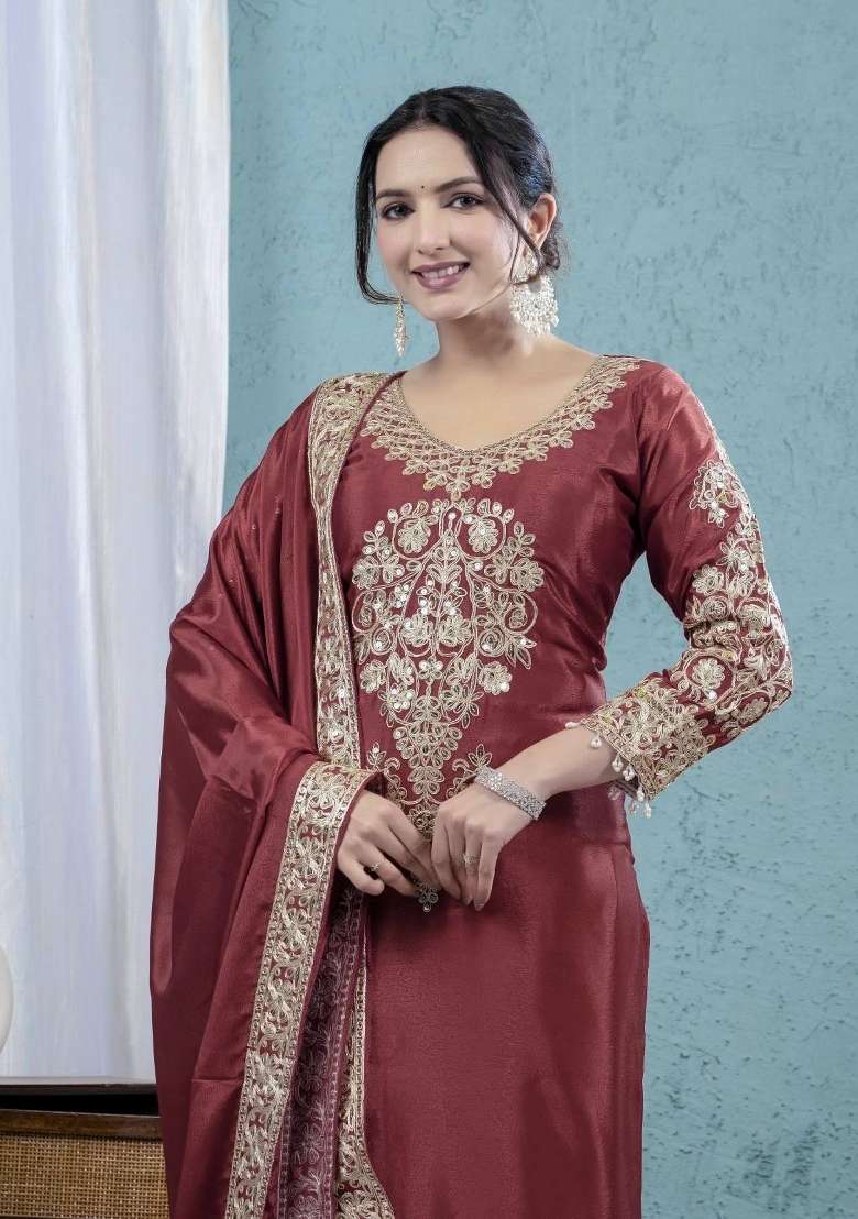Brown Embroidery Silk Kurta Set - Indya