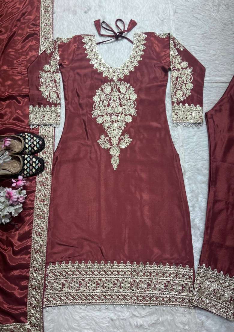 Brown Embroidery Silk Kurta Set - Indya