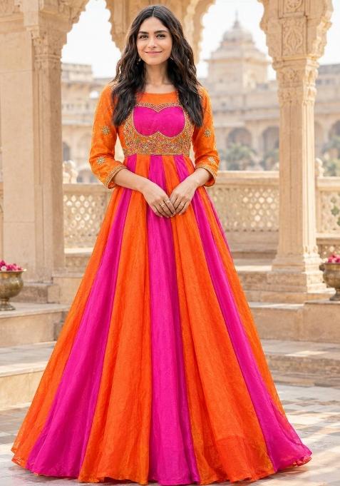 Orange Embroidery Silk Anarkali With Dupatta