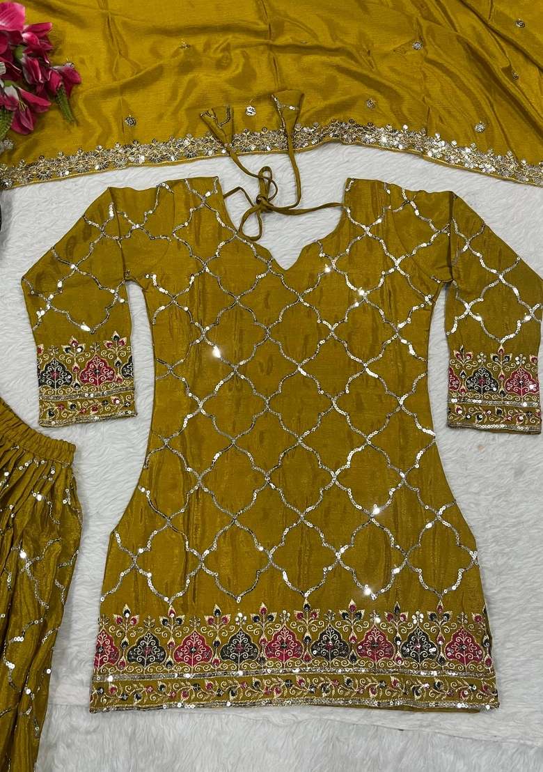 Yellow Embroidery Silk Palazzo Set - Indya