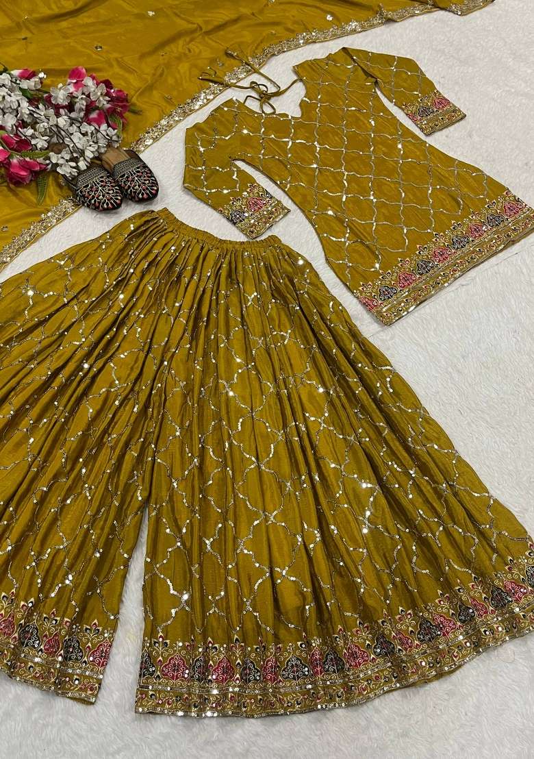 Yellow Embroidery Silk Palazzo Set - Indya