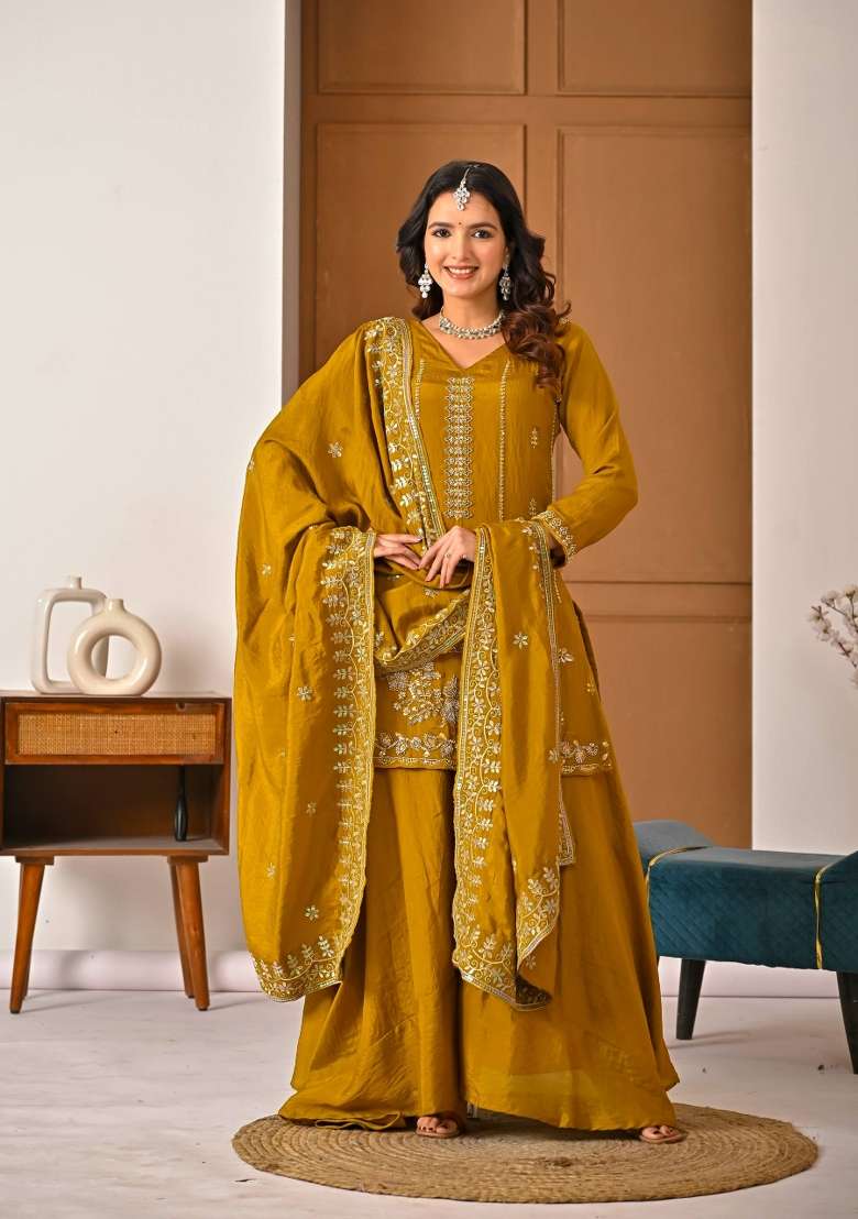Yellow Embroidery Vichitra Palazzo Set - Indya