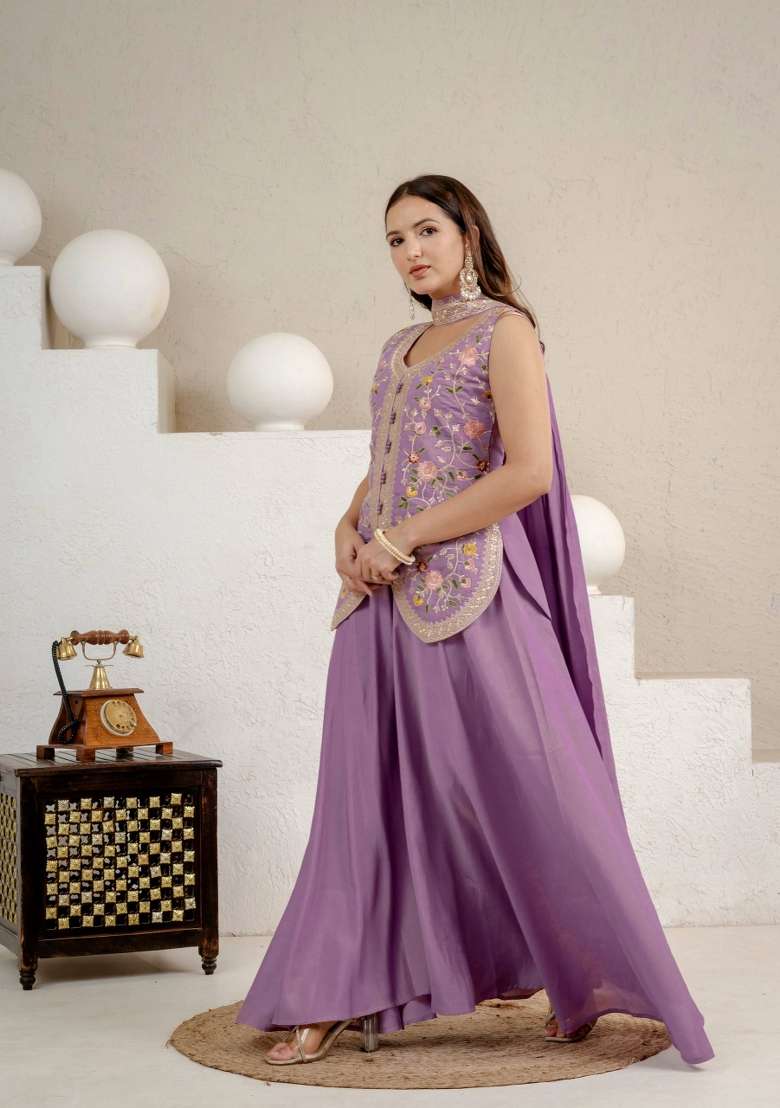 Lavender Embroidery Silk Palazzo Set - Indya