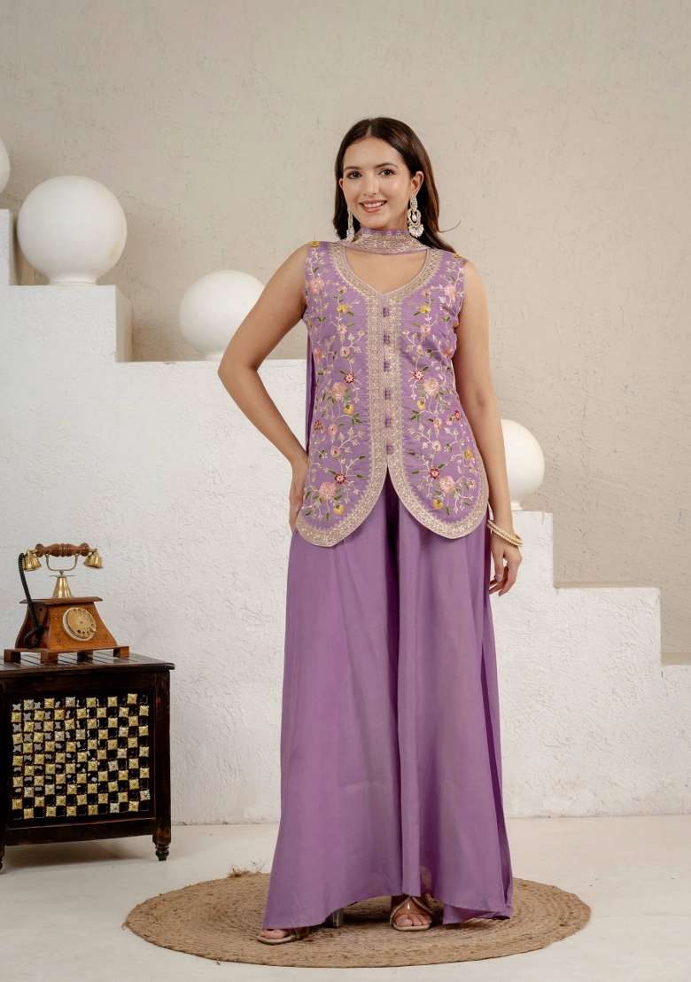 Lavender Embroidery Silk Palazzo Set - Indya