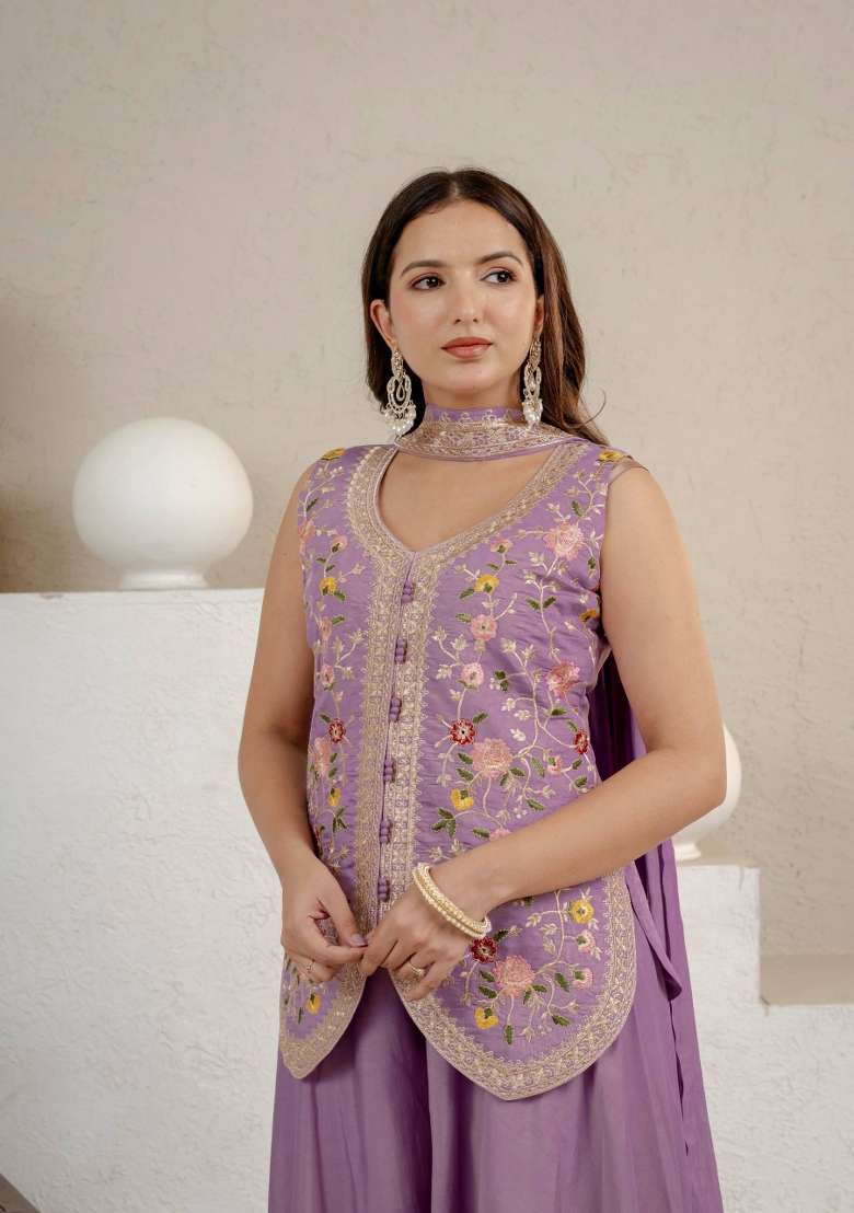 Lavender Embroidery Silk Palazzo Set - Indya