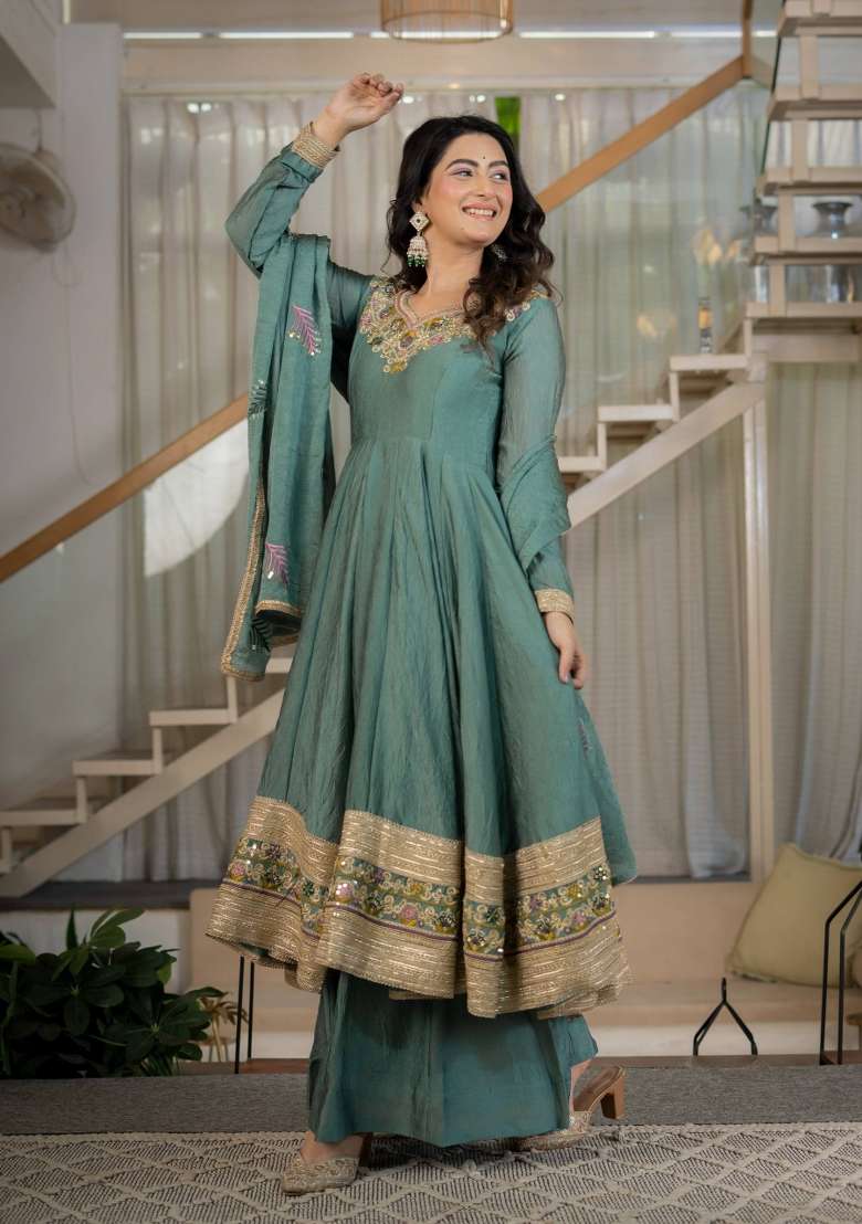 Pista Embroidery Rangoli Crush Anarkali Set - Indya