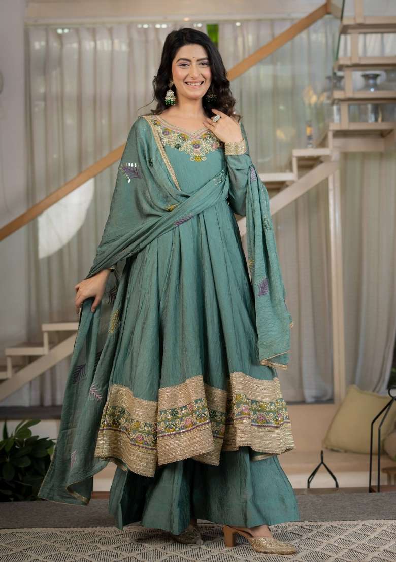 Pista Embroidery Rangoli Crush Anarkali Set - Indya