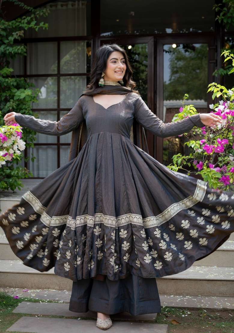 Black Embroidery Silk Anarkali Set - Indya