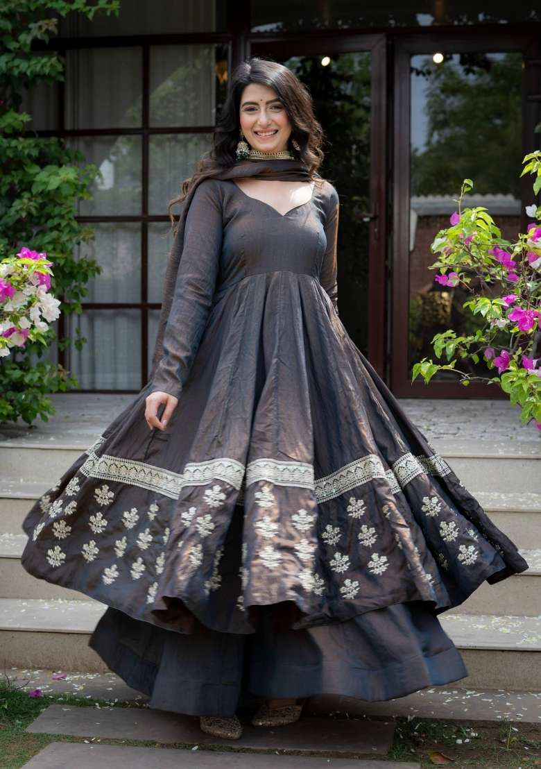Black Embroidery Silk Anarkali Set - Indya