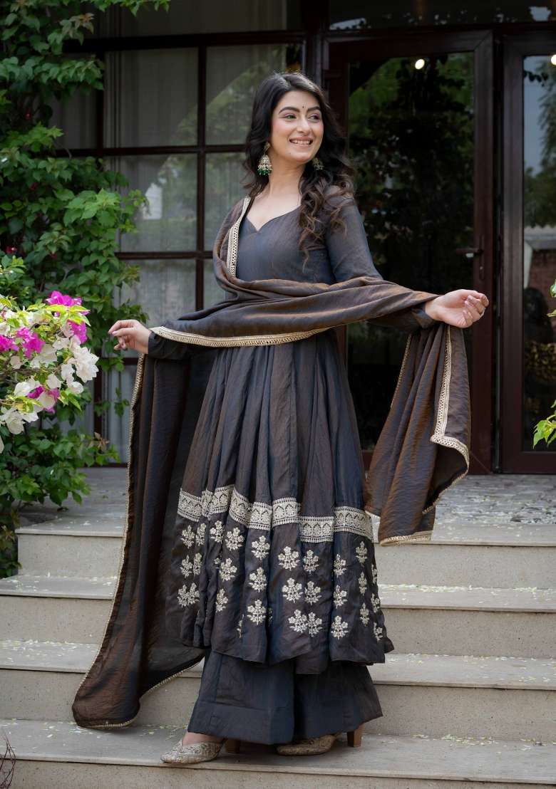 Black Embroidery Silk Anarkali Set - Indya
