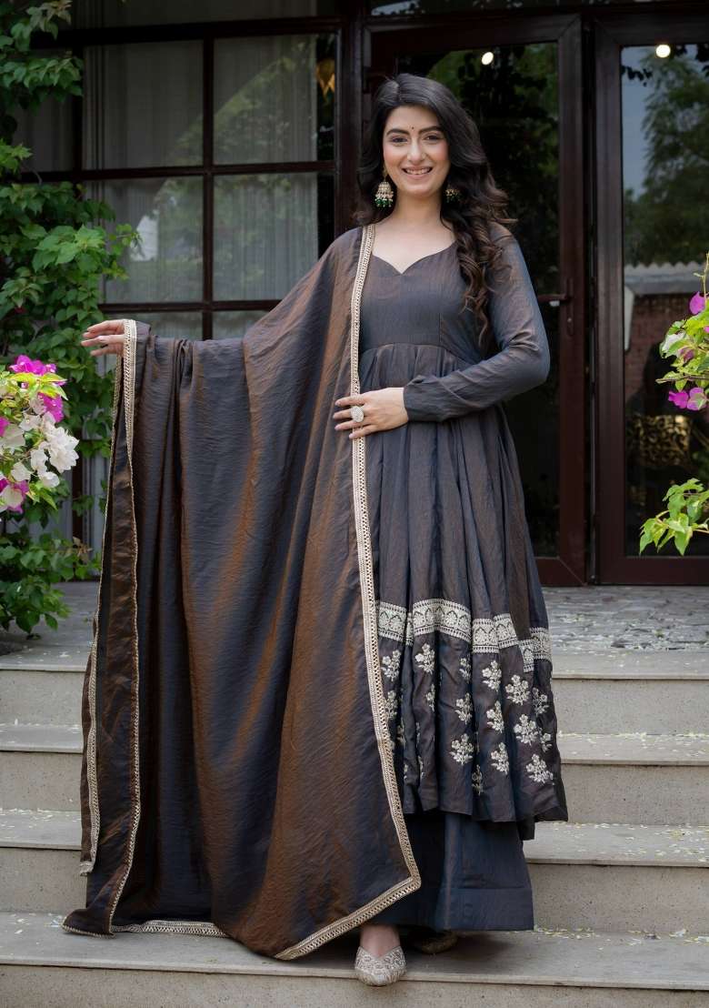 Black Embroidery Silk Anarkali Set - Indya