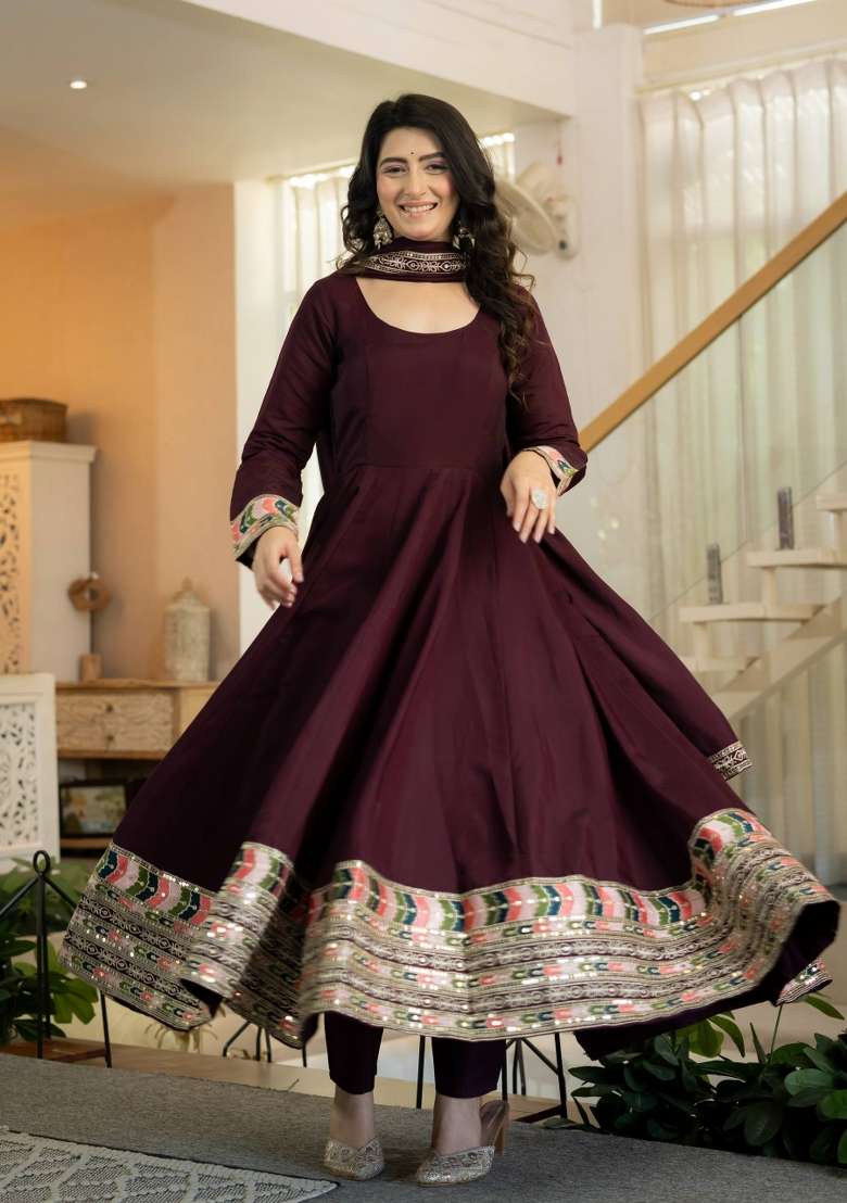 Brown Embroidery Silk Palazzo Set - Indya