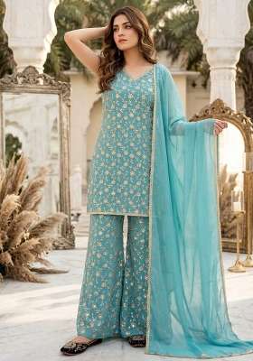 Sky Blue Embroidery Georgette Palazzo Set
