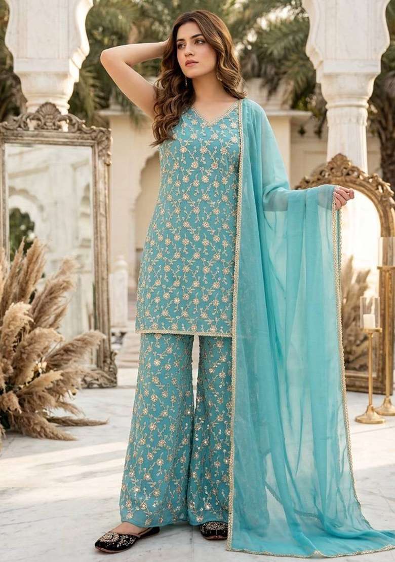 Sky Blue Embroidery Georgette Palazzo Set - Indya