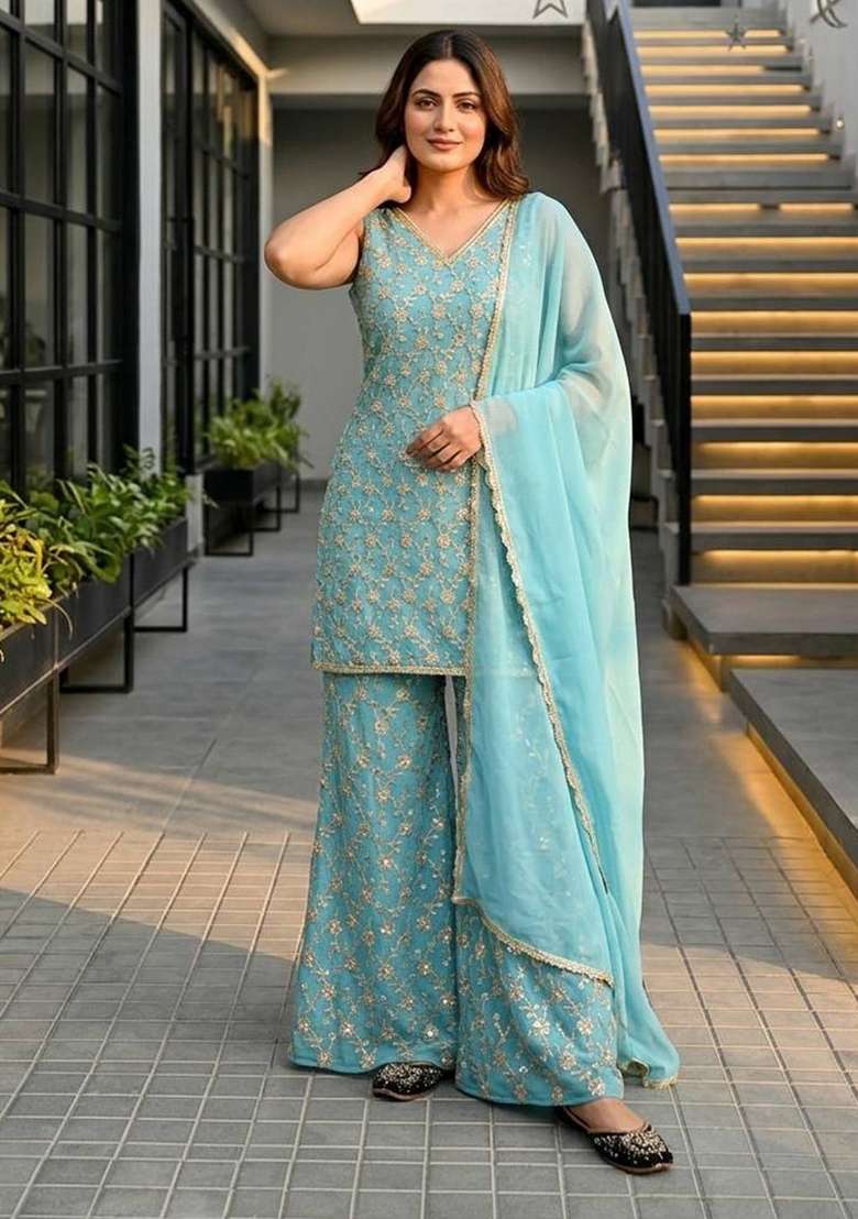 Sky Blue Embroidery Georgette Palazzo Set - Indya