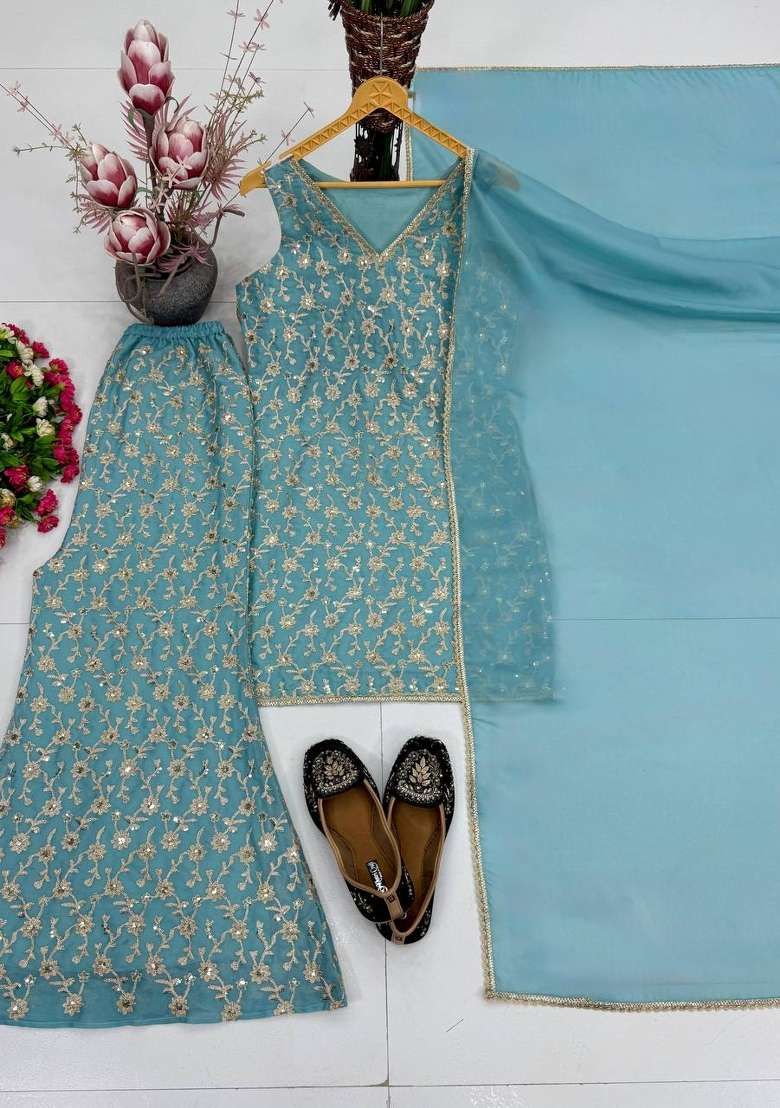 Sky Blue Embroidery Georgette Palazzo Set - Indya