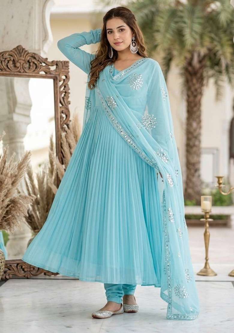 Sky Blue Embroidery Georgette Palazzo Set - Indya
