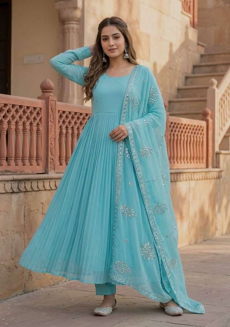 Sky Blue Embroidery Georgette Palazzo Set - Indya