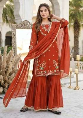 Rust Embroidery Georgette Palazzo Set