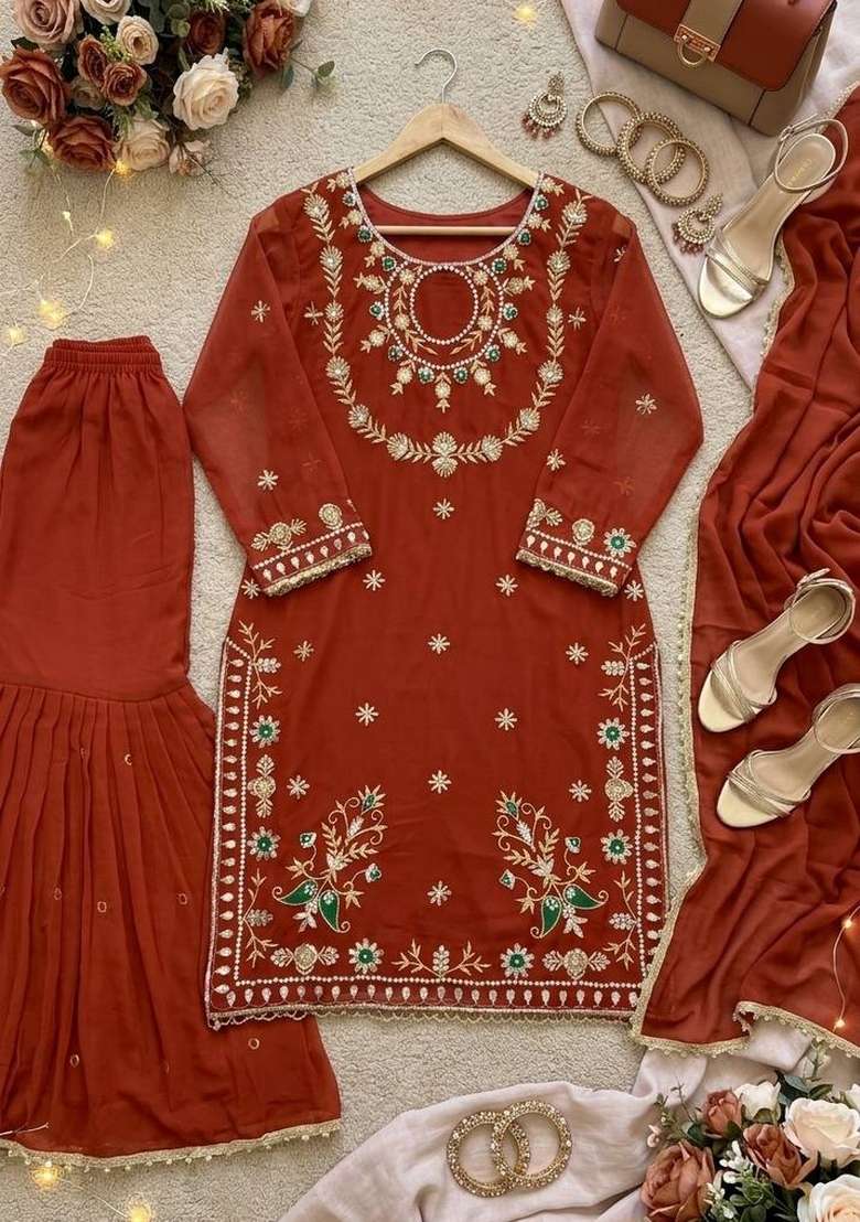 Rust Embroidery Georgette Palazzo Set - Indya