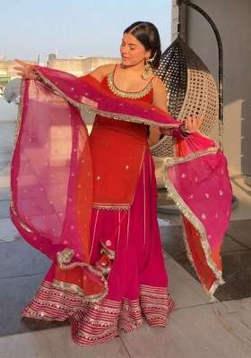 Orange Embroidery Silk Kurta Set