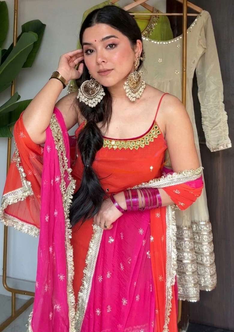 Orange Embroidery Silk Kurta Set - Indya