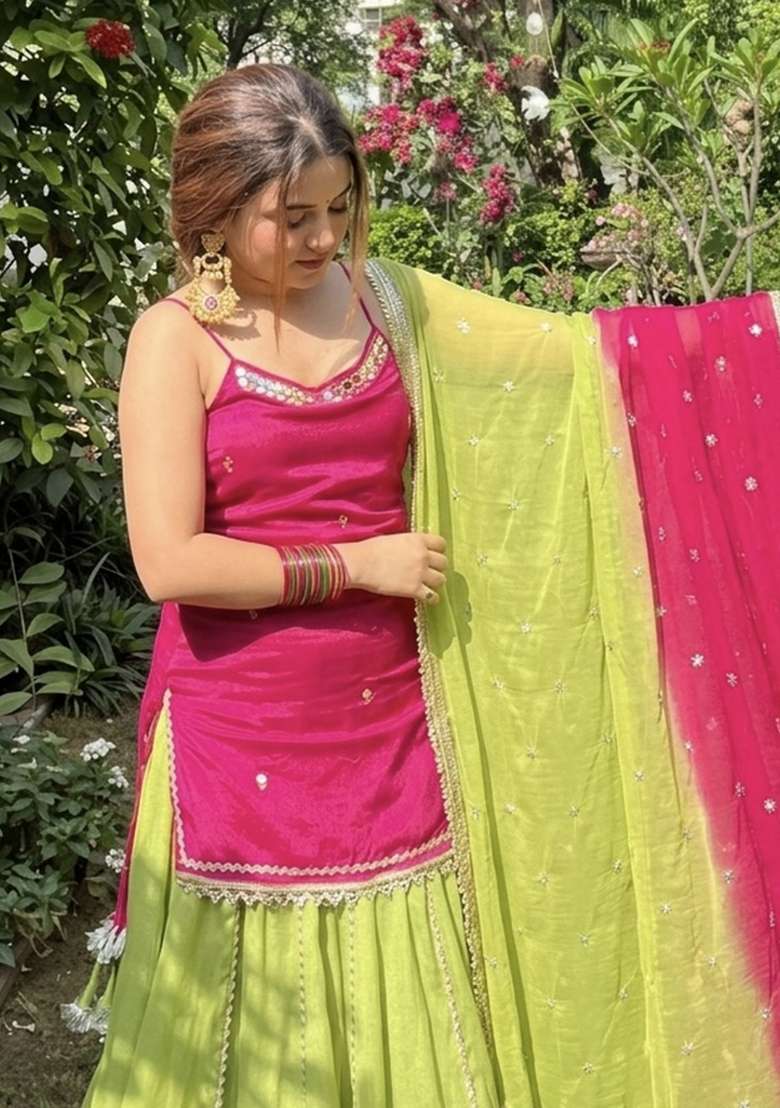 Rani Pink Embroidery Silk Kurta Set - Indya