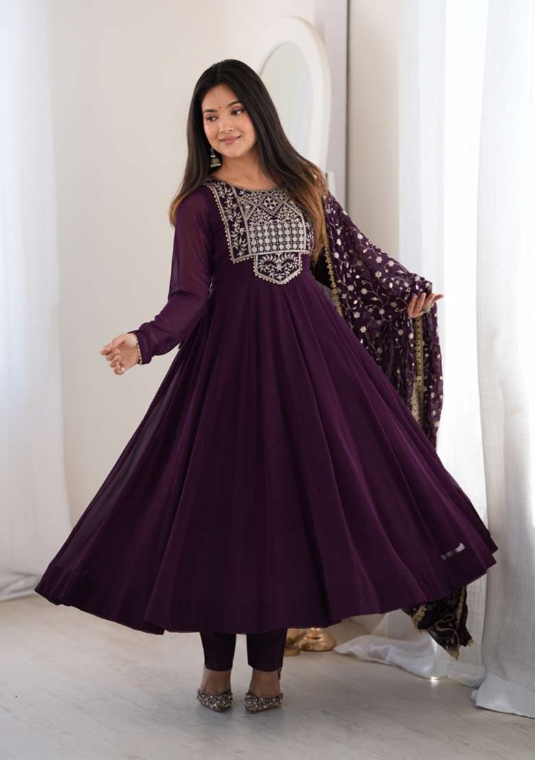 Wine Embroidery Georgette Anarkali Set - Indya