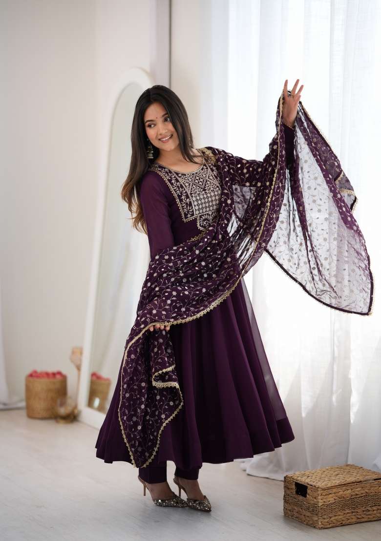 Wine Embroidery Georgette Anarkali Set - Indya