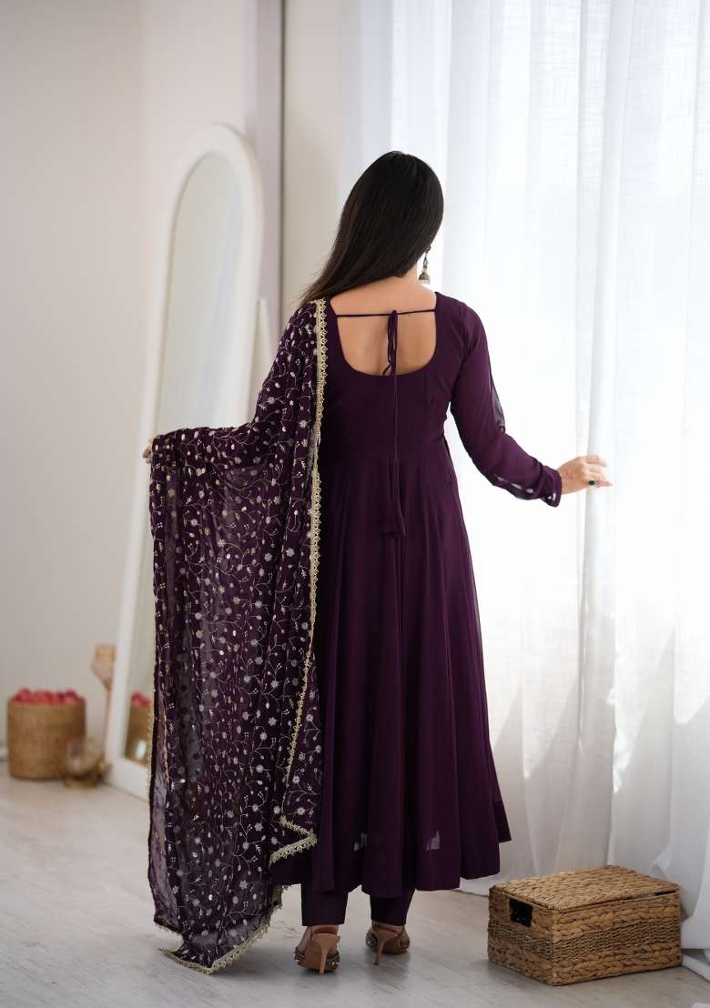 Wine Embroidery Georgette Anarkali Set - Indya