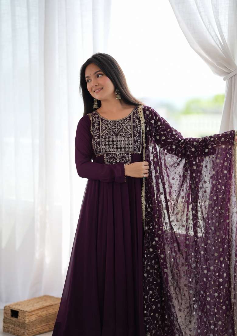 Wine Embroidery Georgette Anarkali Set - Indya
