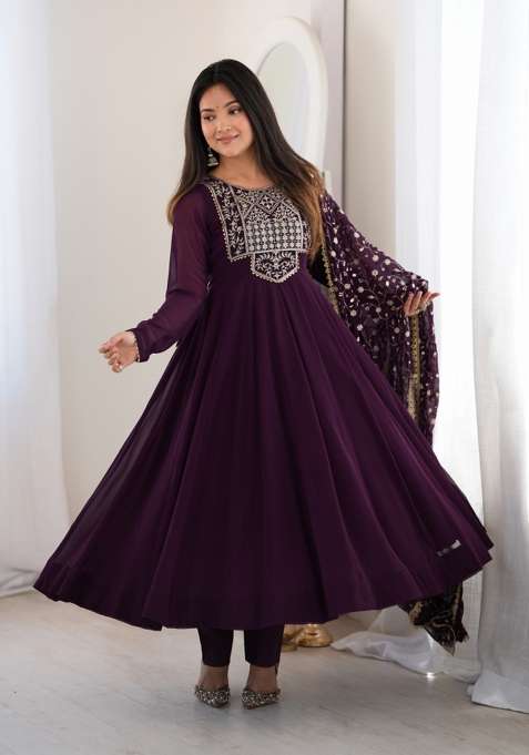Wine Embroidery Georgette Anarkali Set