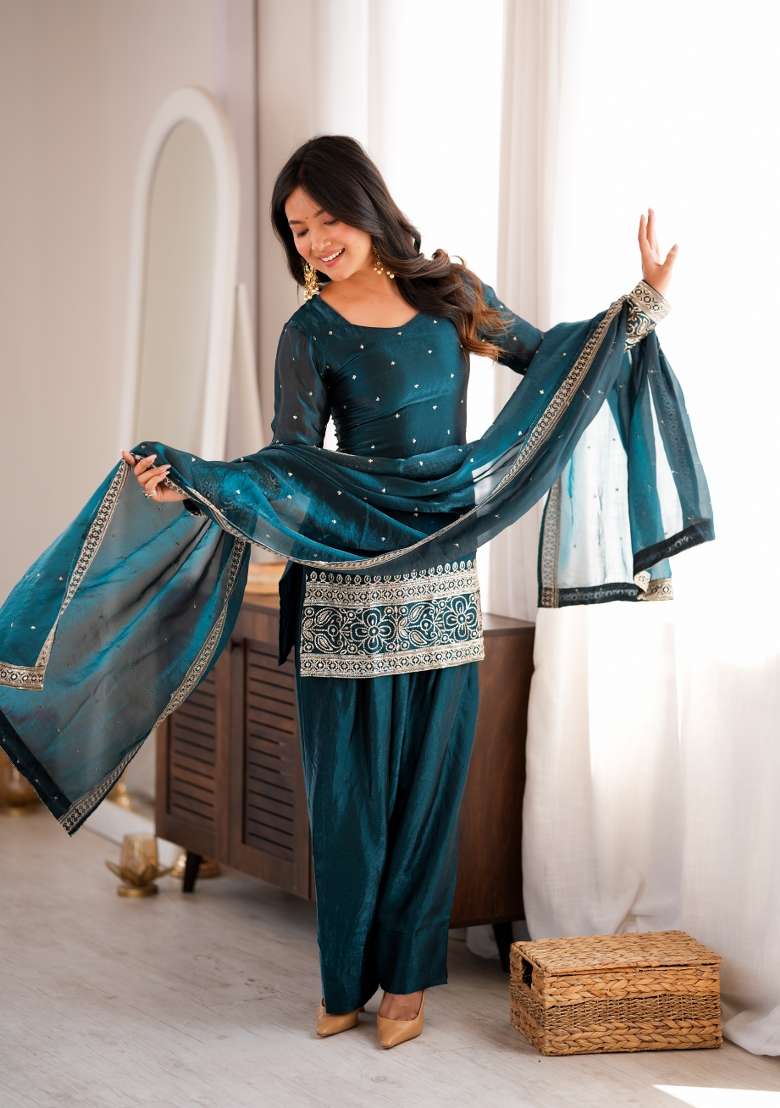 Rama Embroidery Silk Kurta Set - Indya
