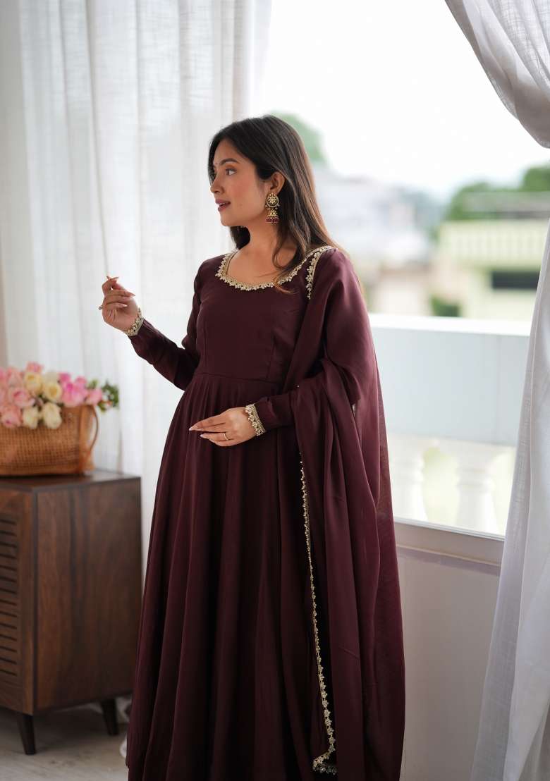 Brown Lace Work Chanderi Anarkali Set - Indya