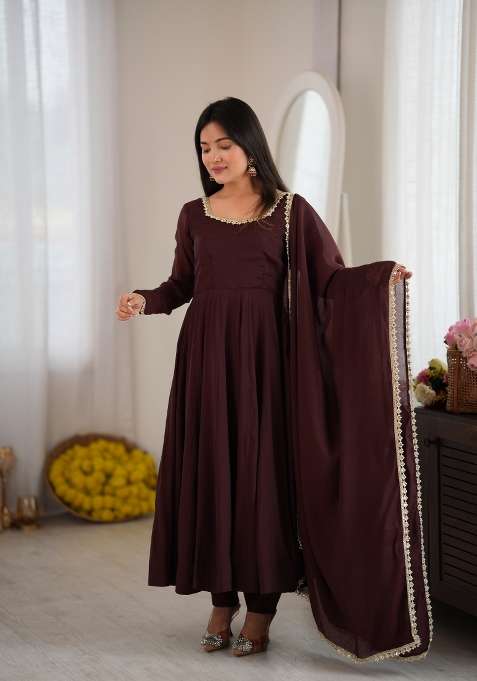 Brown Lace Work Chanderi Anarkali Set