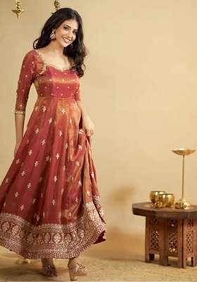 Rust Embroidery Cosmos Anarkali Set