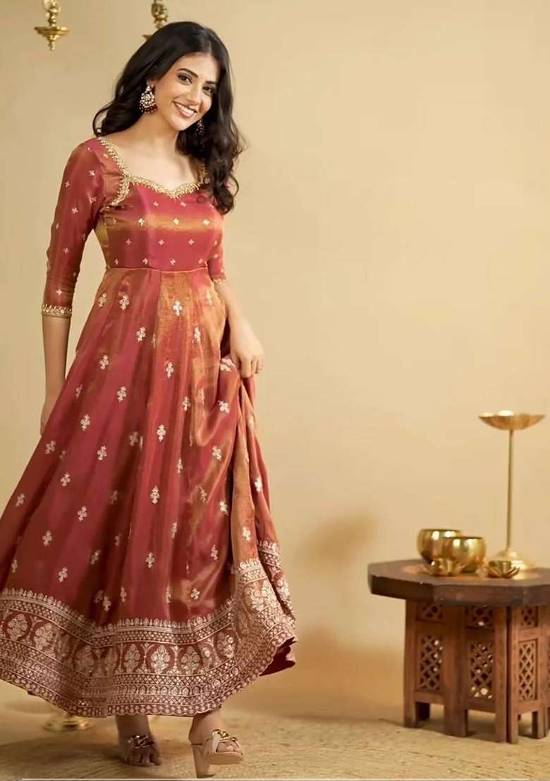 Rust Embroidery Cosmos Anarkali Set - Indya