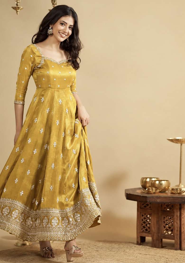 Yellow Embroidery Cosmos Anarkali Set - Indya