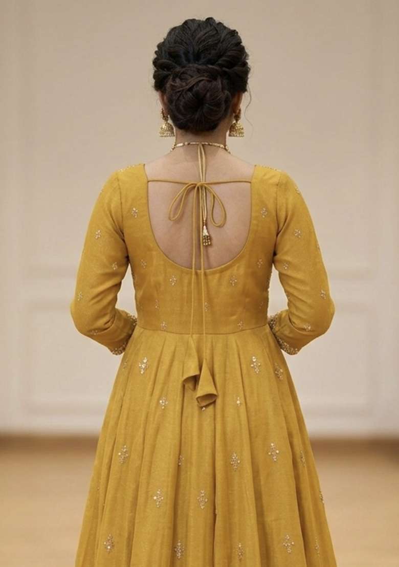 Yellow Embroidery Cosmos Anarkali Set - Indya