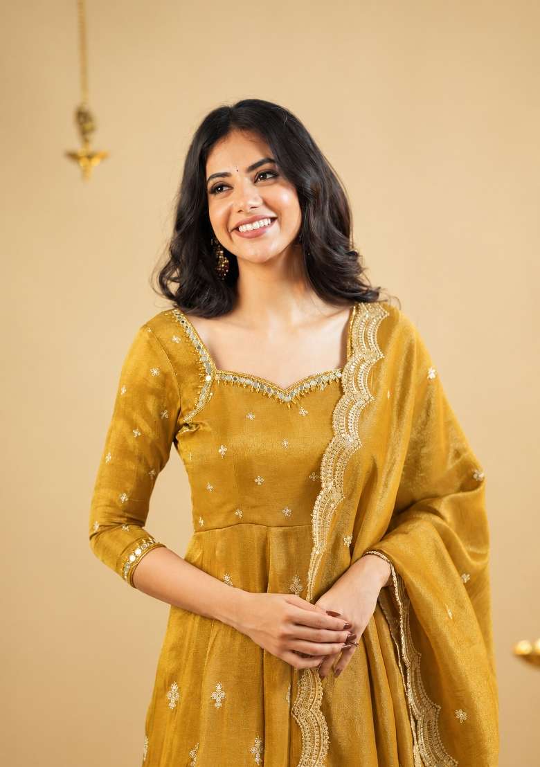 Yellow Embroidery Cosmos Anarkali Set - Indya