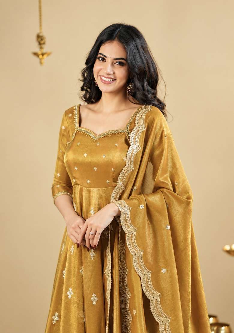 Yellow Embroidery Cosmos Anarkali Set - Indya
