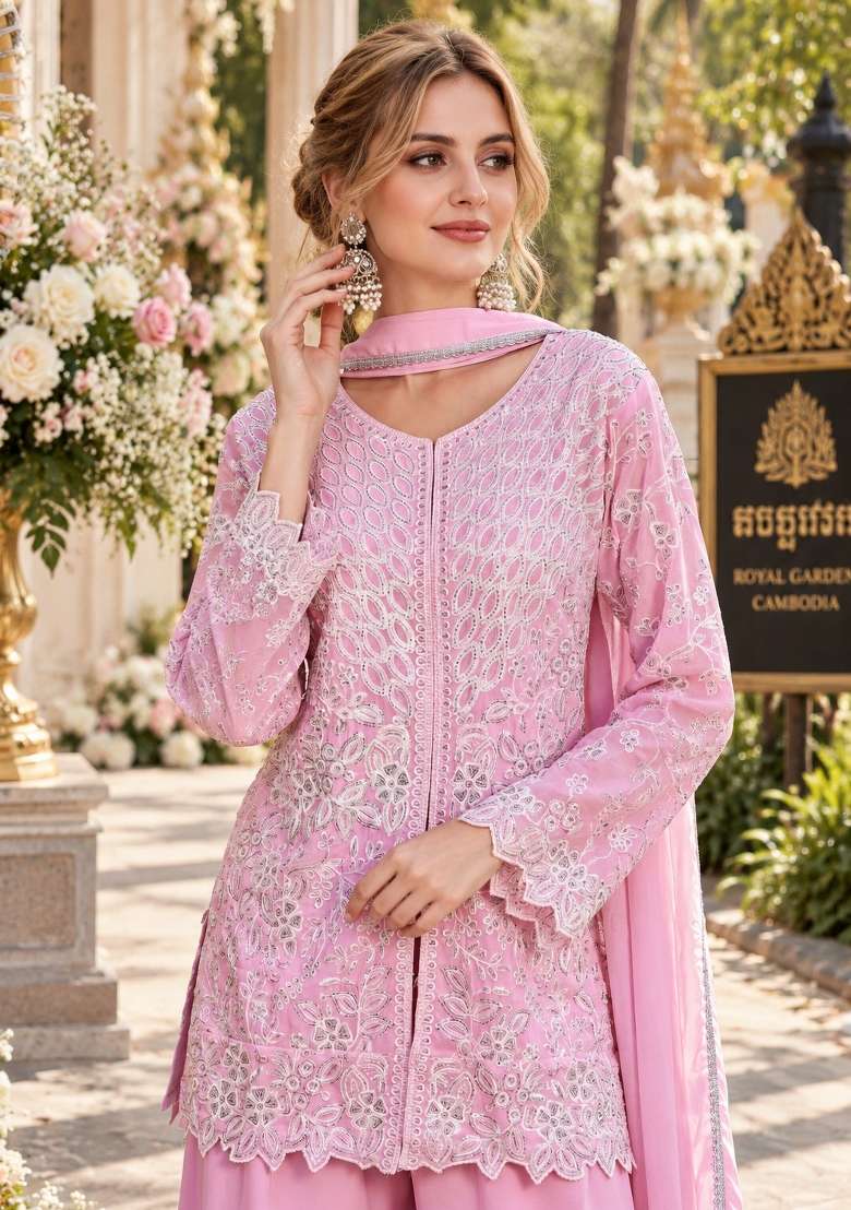 Pink Embroidery Georgette Kurta Set - Indya