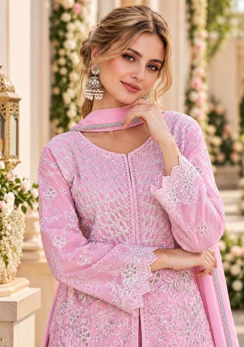 Pink Embroidery Georgette Kurta Set - Indya