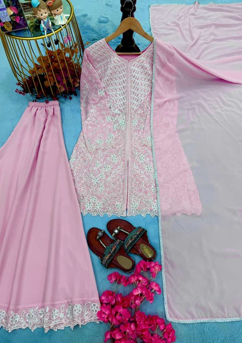 Pink Embroidery Georgette Kurta Set - Indya