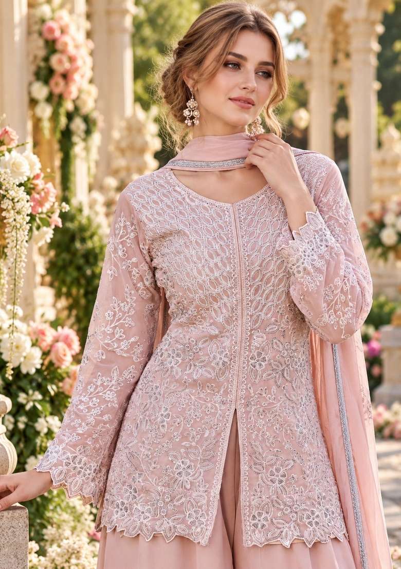 Peach Embroidery Georgette Kurta Set - Indya