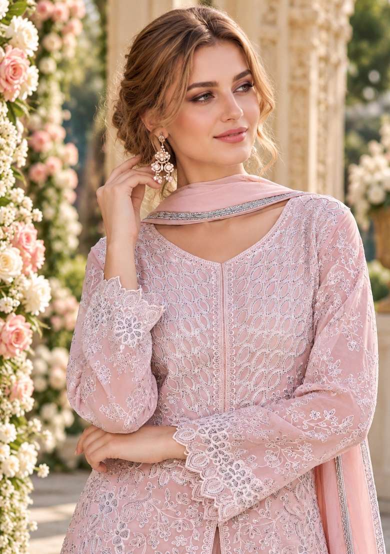 Peach Embroidery Georgette Kurta Set - Indya