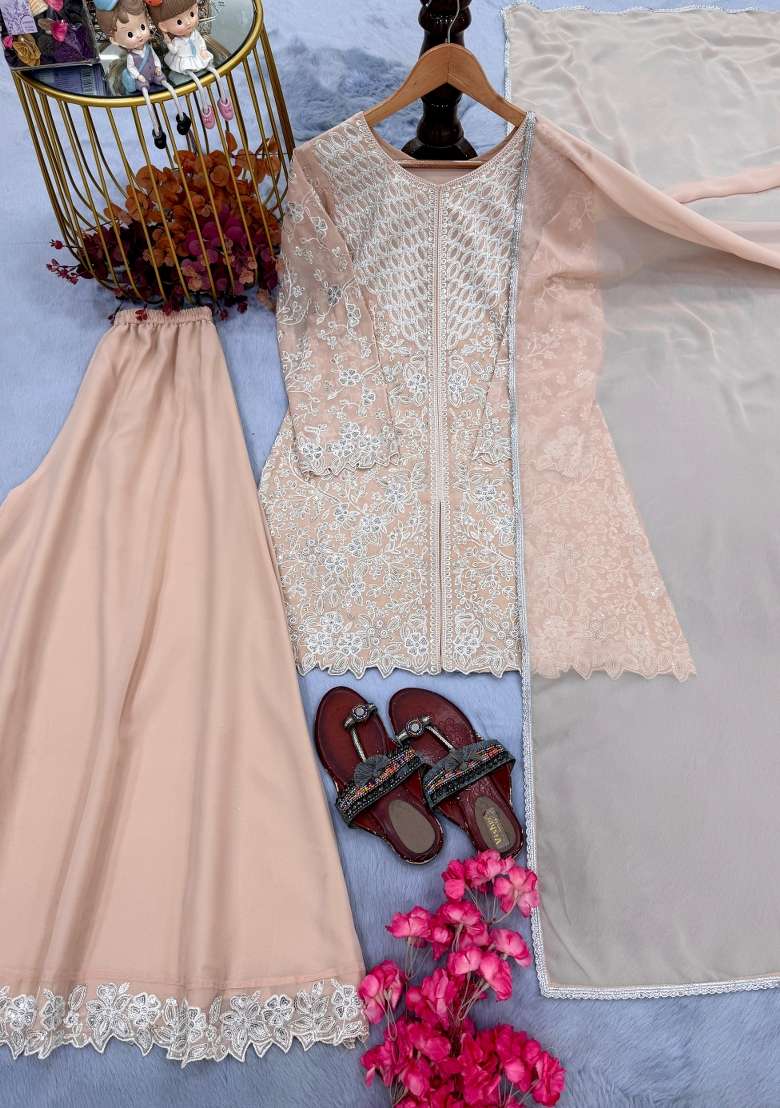 Peach Embroidery Georgette Kurta Set - Indya